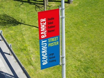 Banderole Blockout Recto Verso lampadaire publicité de rue bâche grand format led uv latex impression imprimé pôle poche manches coutures